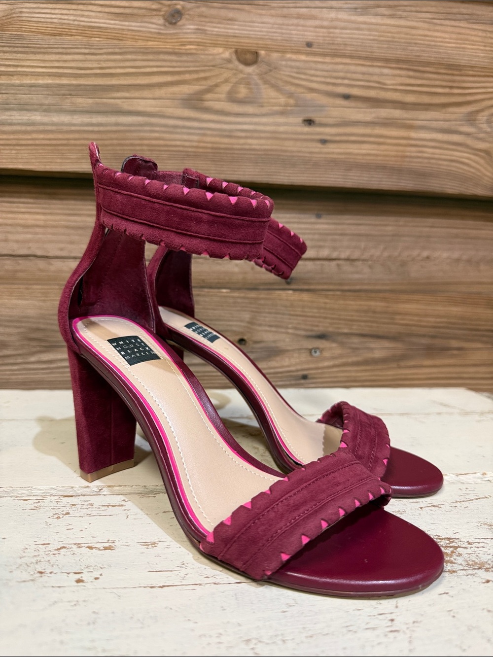 White House Black Market Burgundy Suede Ankle-Strap Block Heels